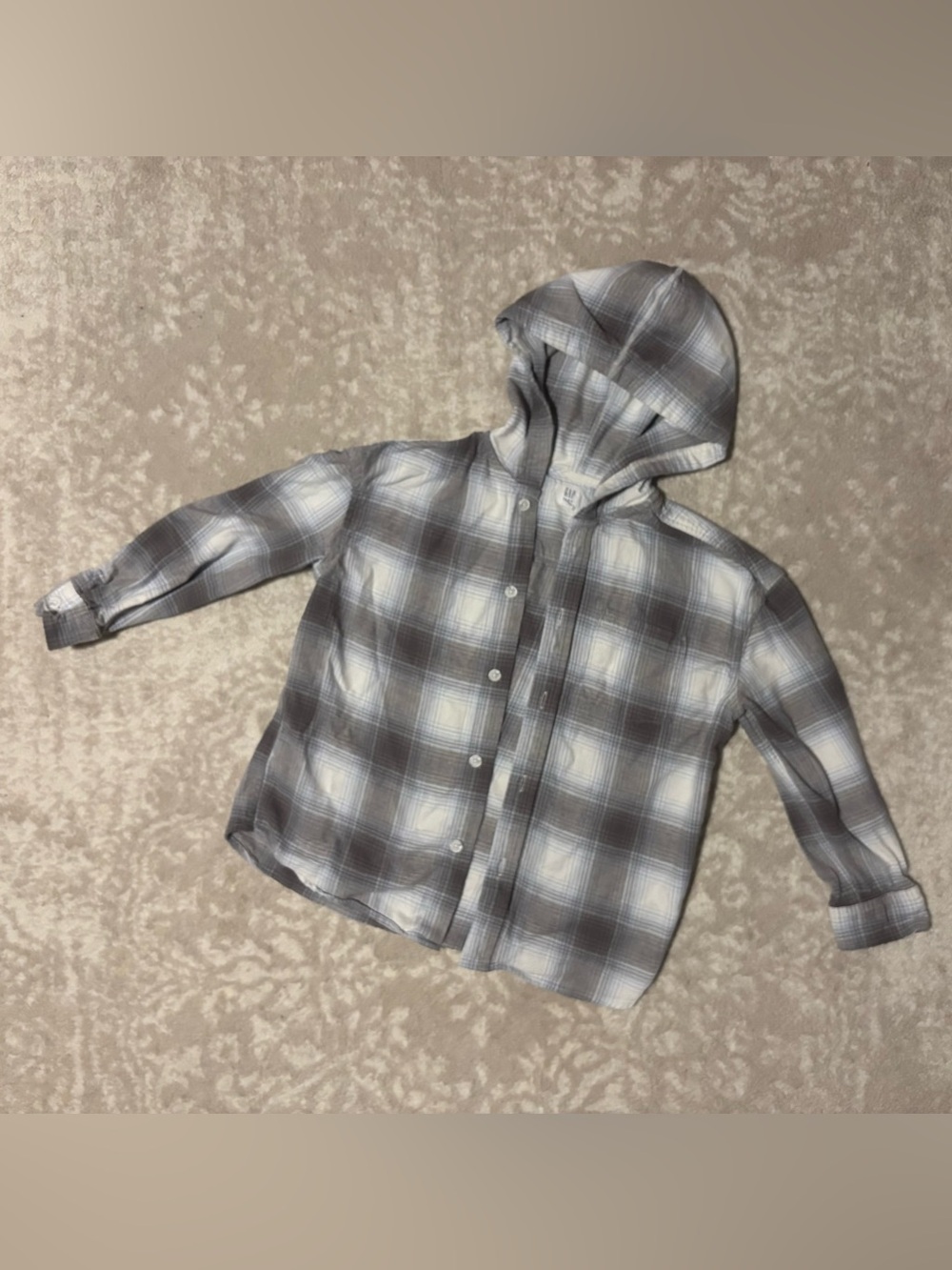 Gray White and Blue Plaid Button-Up Long Sleeved Hooded Shirt - Size 8
